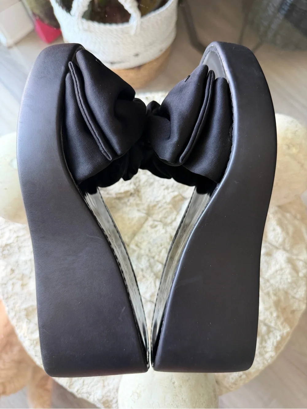 Kate Spade New York Bikini Wedge Platform Slide Sandals Black Bow US 7.5